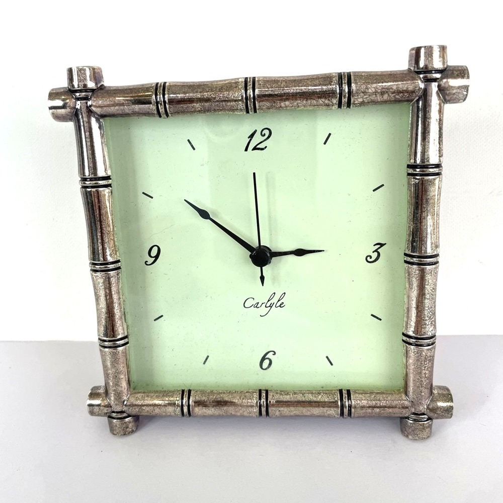 VTG Pottery Barn Carlyle Silver Plated Bamboo Desk Clock Green Face untested